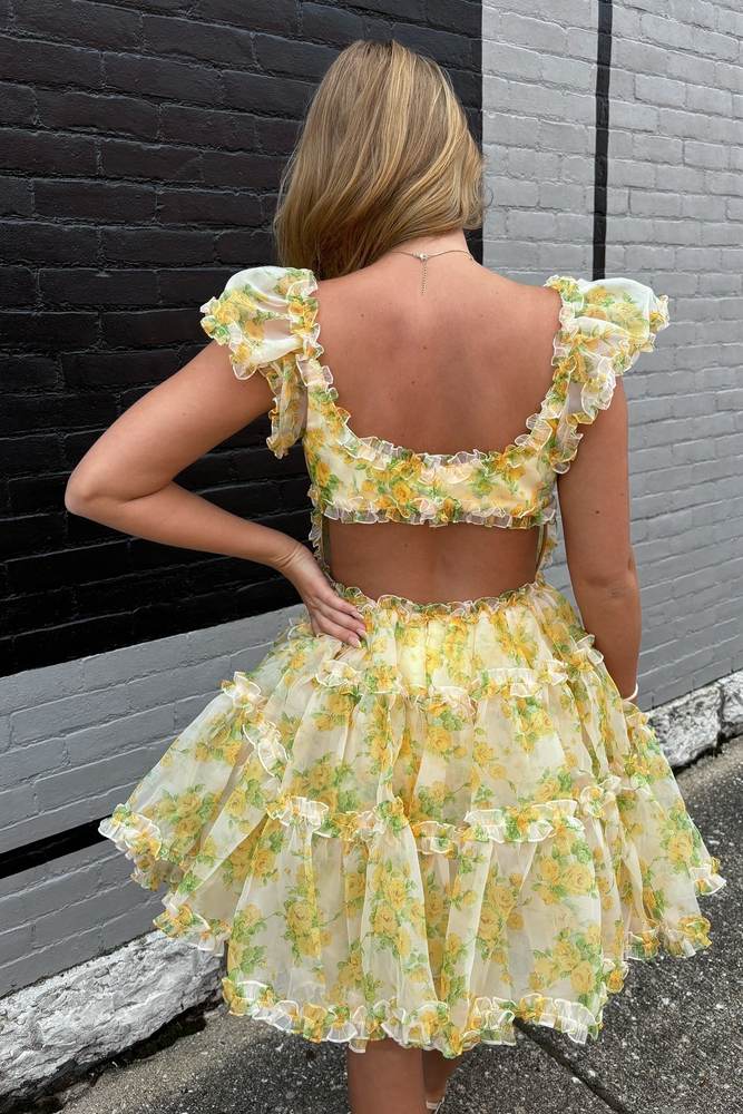 Straps Yellow Floral Print Layered Tulle Homecoming Dress