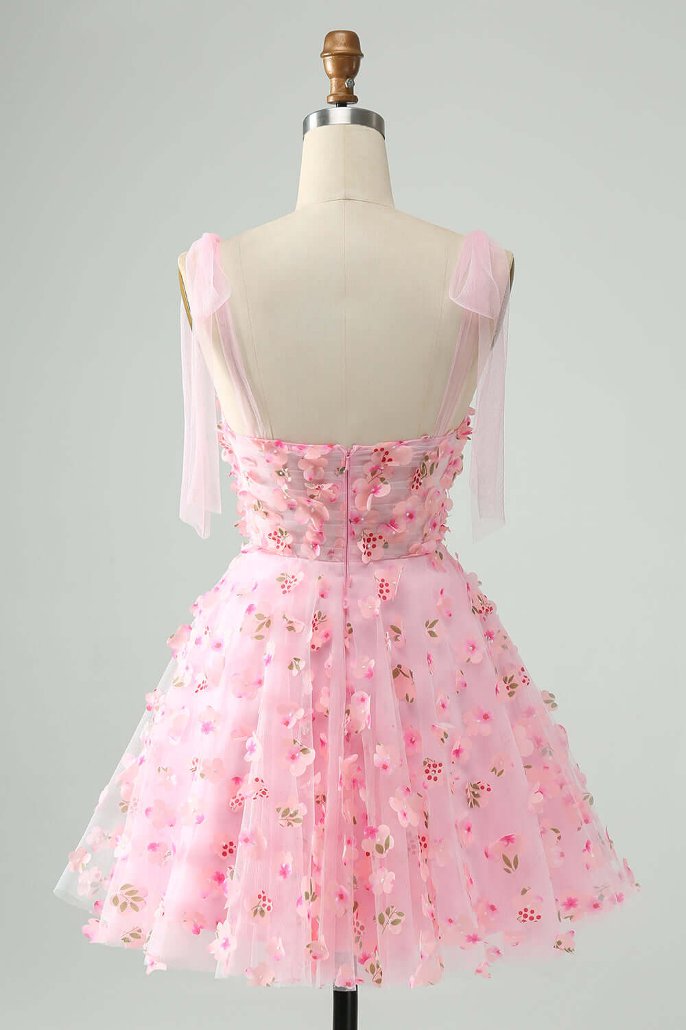 Pink Tie Straps Corset 3D Floral Short Homecoming Dress