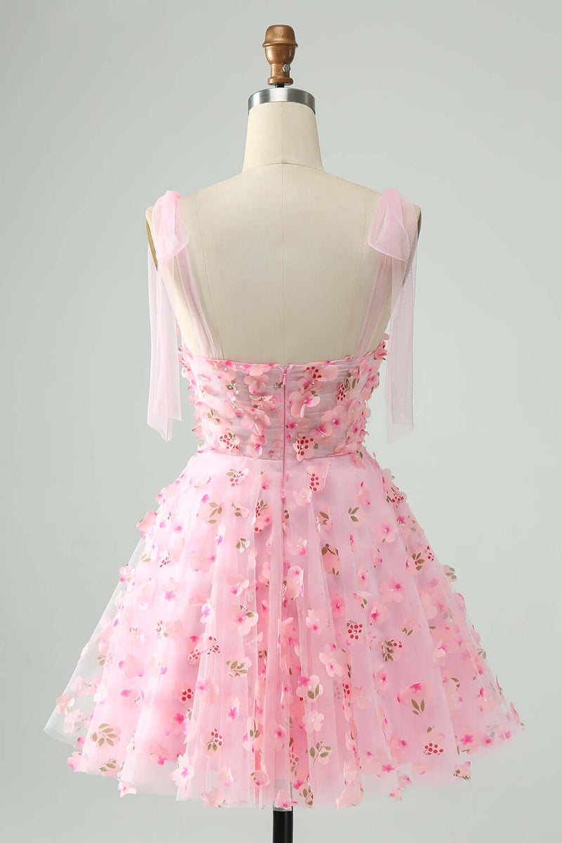 Pink Tie Straps Corset 3D Floral Short Homecoming Dress