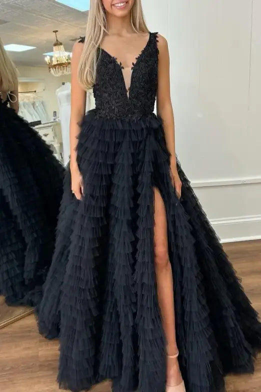 V-Neck Applique Ruffle A-Line Prom Dress with Slit