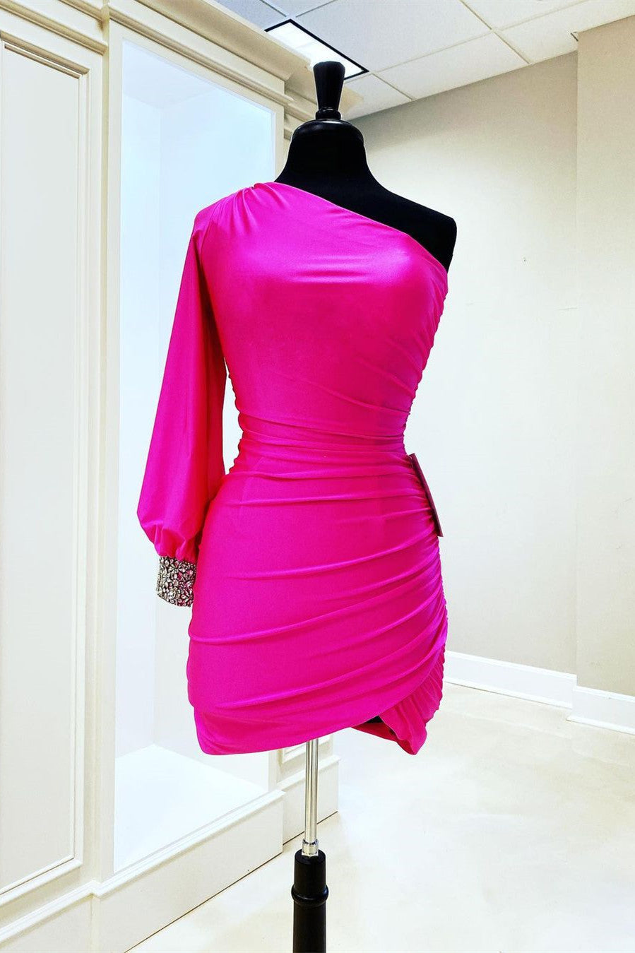 Short Hot Pink One Shoulder Long Sleeve Homecoming Dress
