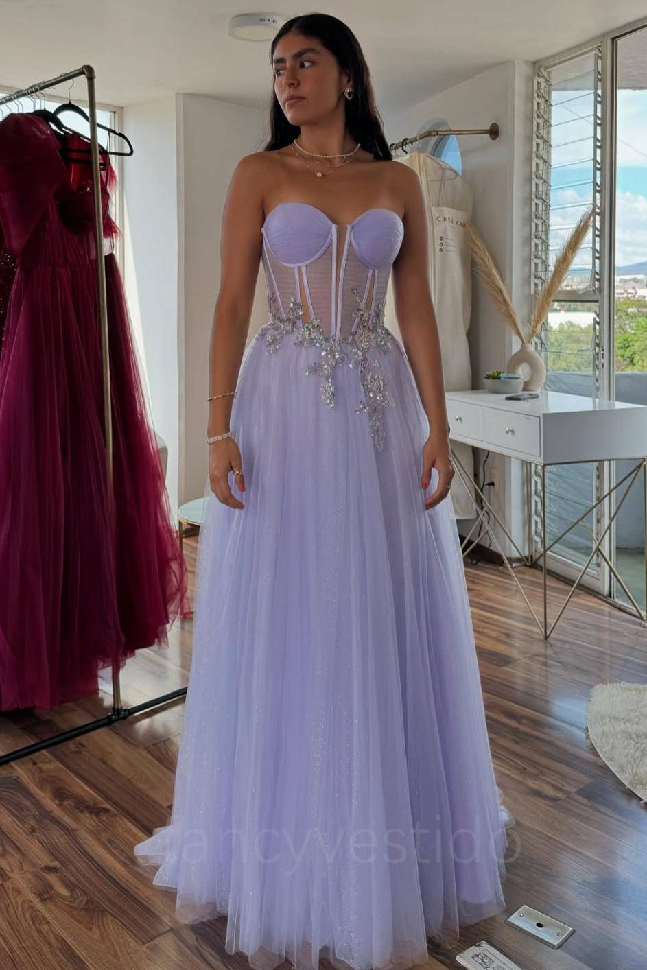 Sweetheart Lavender Applique Tulle Prom Dress