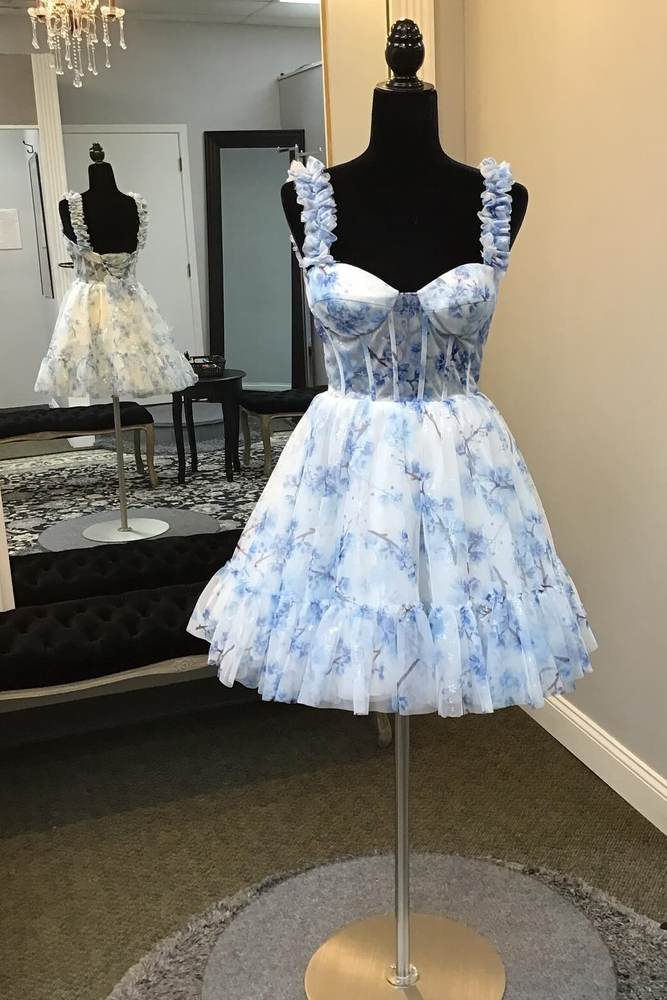 Straps Sweetheart Floral Print A-Line Homecoming Dress