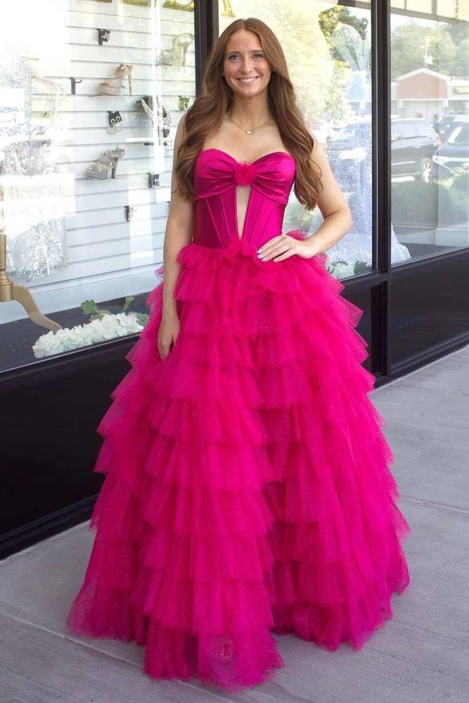 Fuchsia Strapless Keyhole Layered Tulle Prom Dress