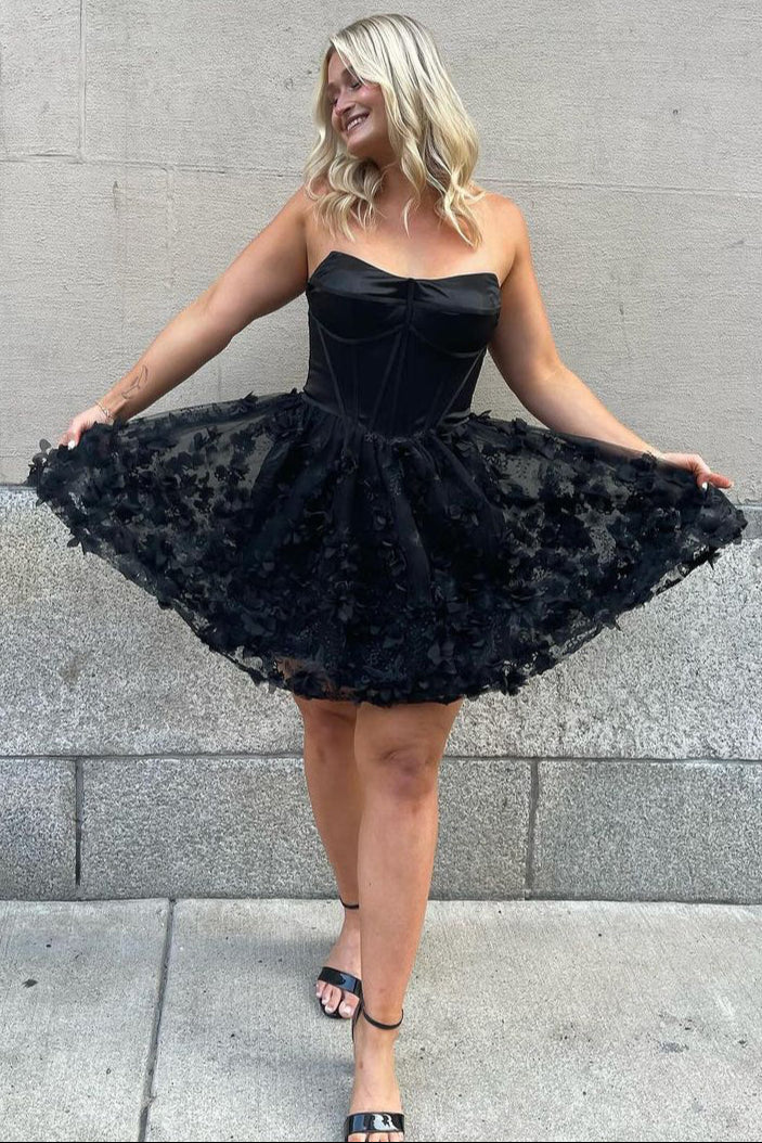 Strapless Black A-Line Homecoming Dress with Floral