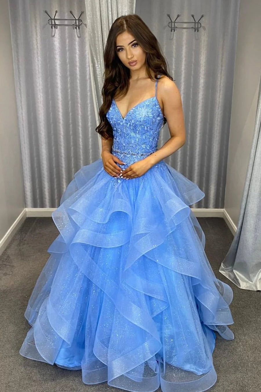 Princess Sky Blue Tiered Tulle Prom Dress with Appliques