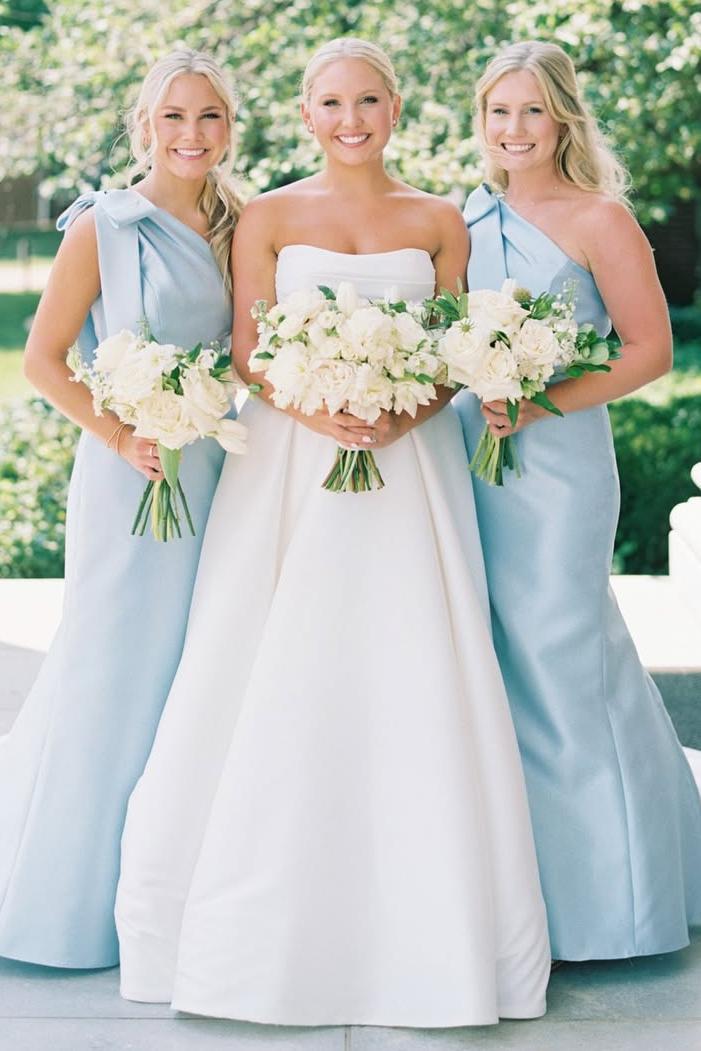 One Shoulder Satin Bridesmaid Dresses with Bow