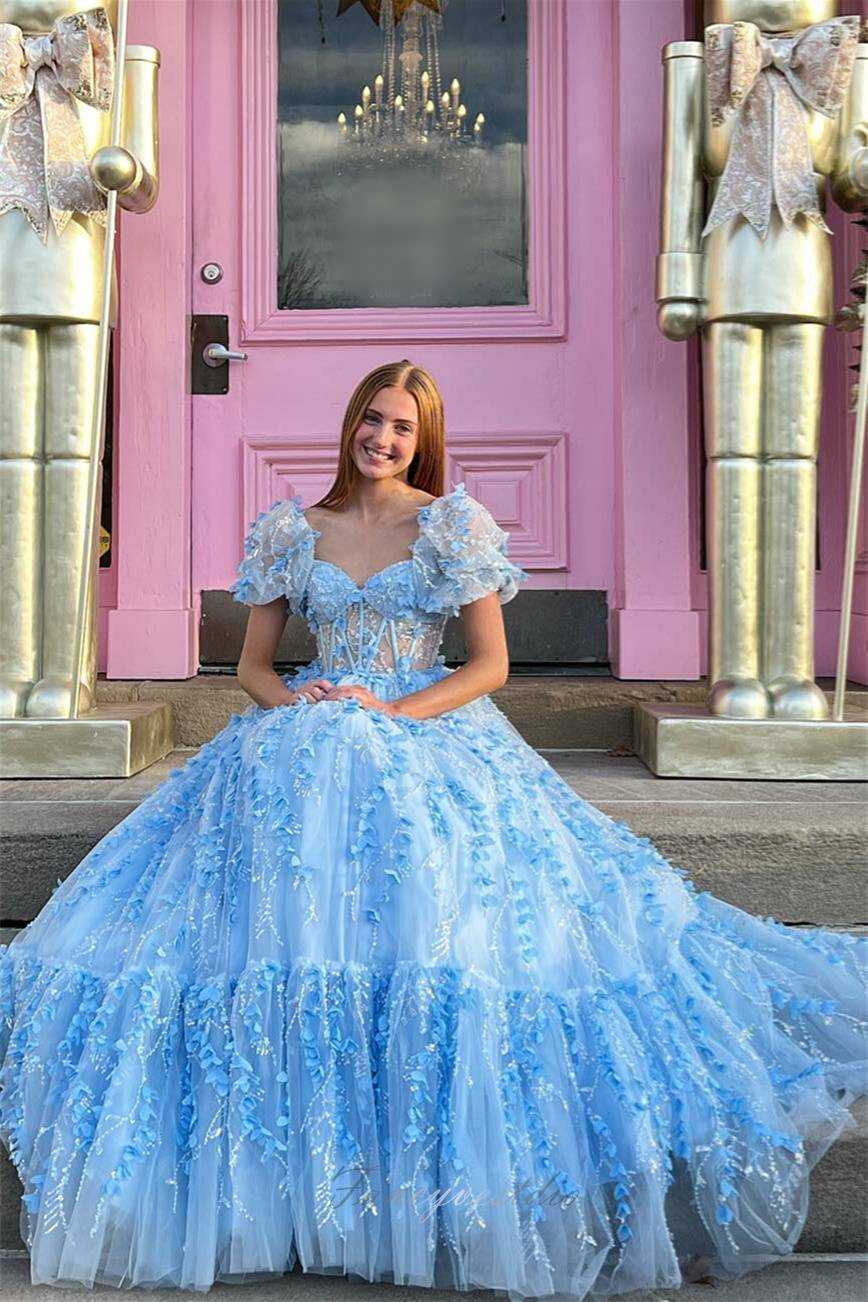 Off the Shoulder Tulle A-Line Prom Dress with 3D Flower