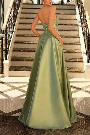 Elegant Sage Strapless Pleated  A-Line Satin Prom Dress