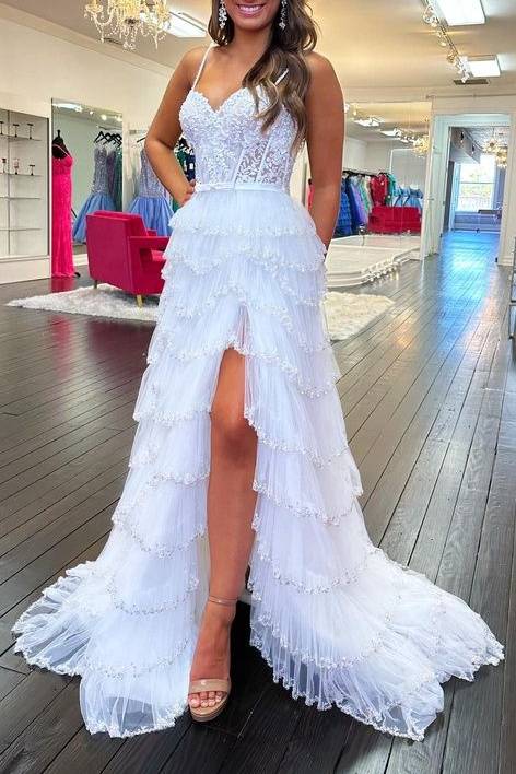 Sweetheart White Applique Tiered Prom Dress with Bow