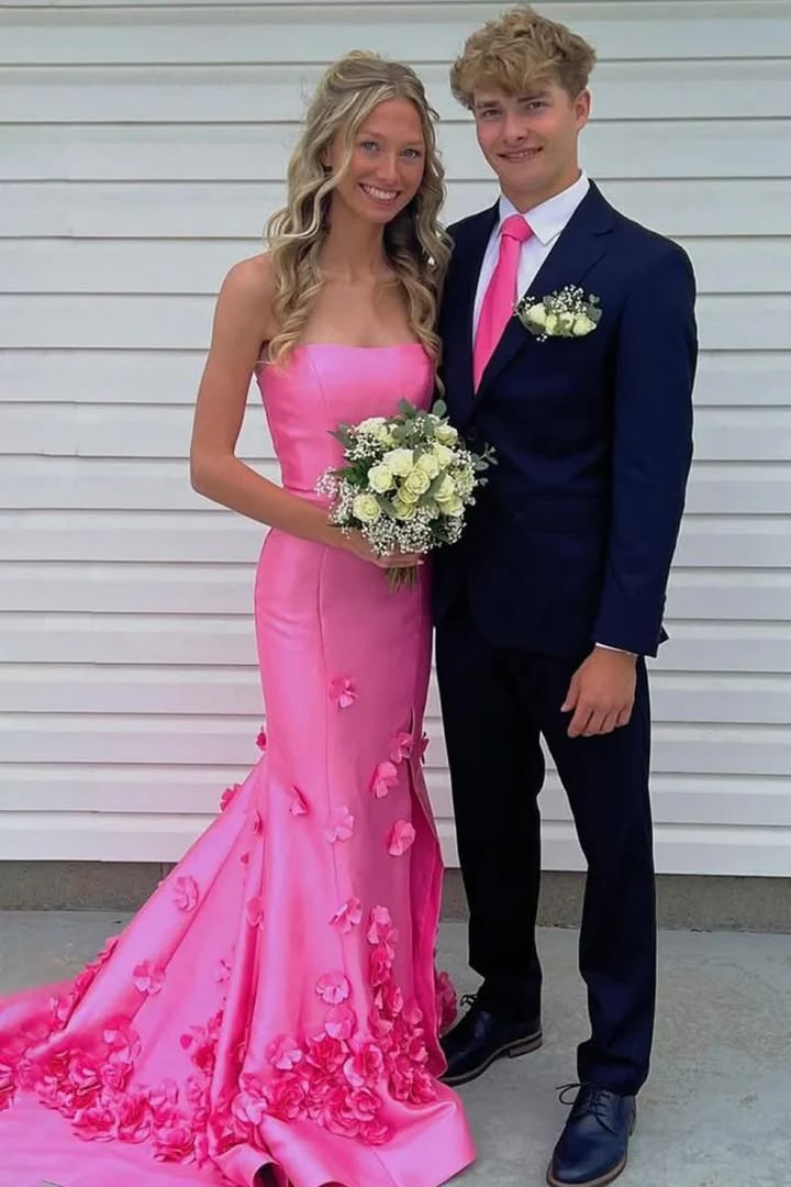 pink floral mermaid prom dress Pink Strapless Mermaid Prom Dress with 3D Floral – FancyVestido