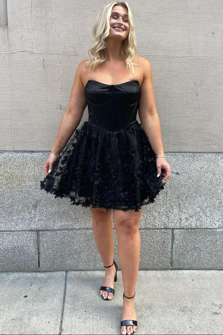Strapless Black A-Line Homecoming Dress with Floral
