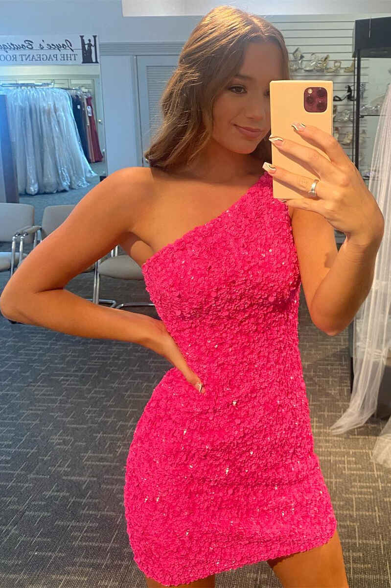 Glitter One Shoulder Sequin Tight Homecoming Dress