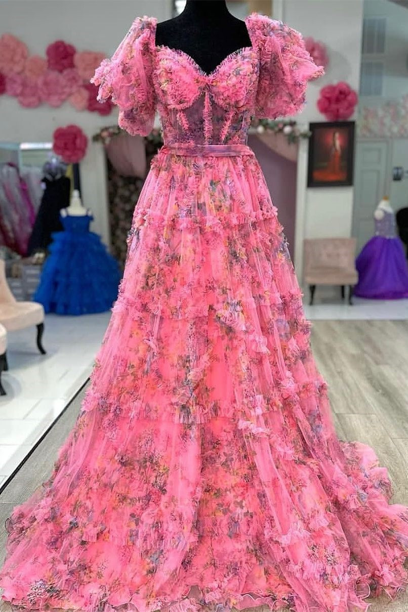 Off the Shoulder Hot Pink Floral Print A-Line Long Prom Dress