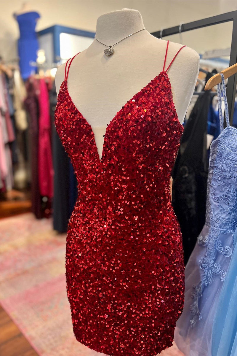 Straps V-Neck Royal Blue Sequin Tight Short Homecoming Dress