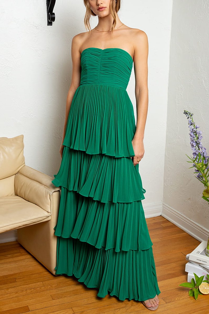 Strapless Emerald Green Ruffle Multi-Layer Long Prom Dress Green