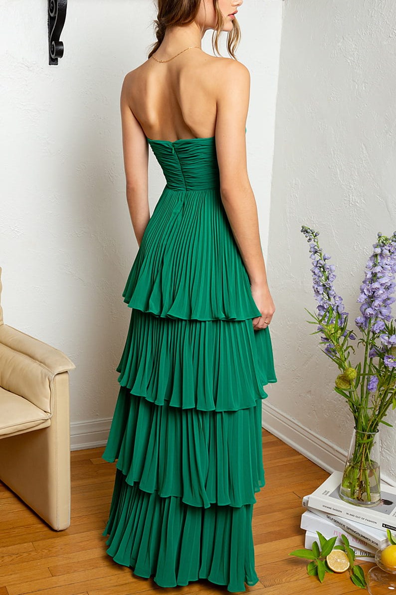 Strapless Emerald Green Ruffle Multi-Layer Long Prom Dress Green