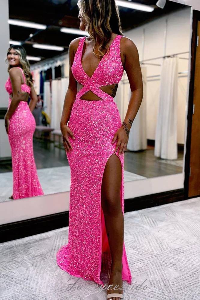 hot pink dresses for prom V-Neck Sequined Dress with Slit Size:DE 40 Mermaid Style Fabric The Knit Pleated Dress olive green dress with pockets