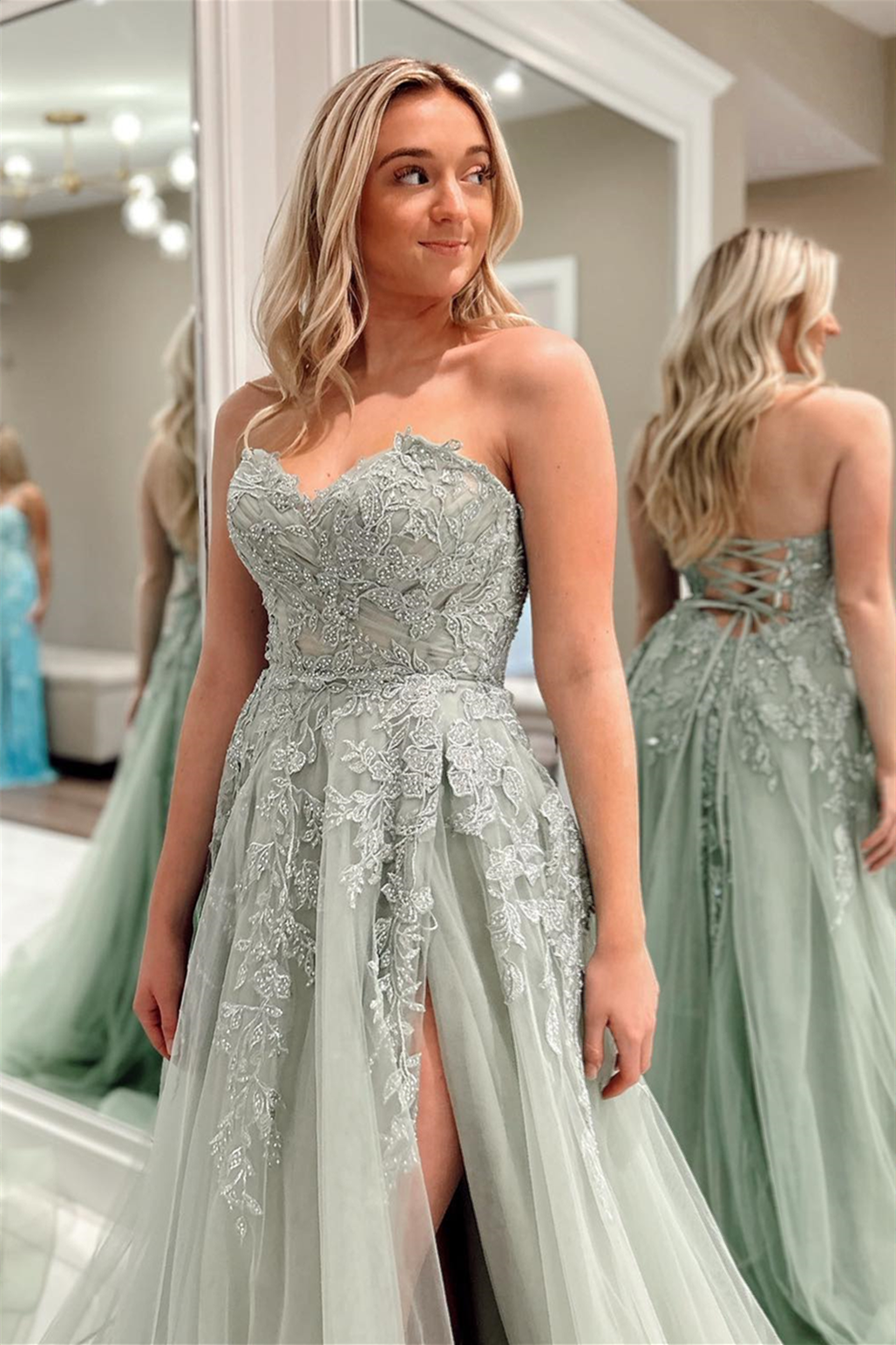 Dusty Sage Lace-Up Strapless Appliques Tulle Long Prom Dress with Slit