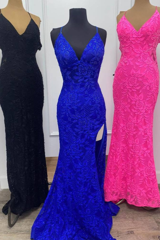 Royal Blue Mermaid Plunging V Straps Lace Long Prom Dress with Slit