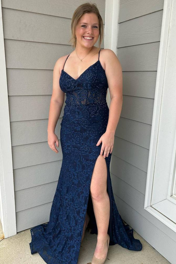 Royal Blue Mermaid Plunging V Straps Lace Long Prom Dress with Slit