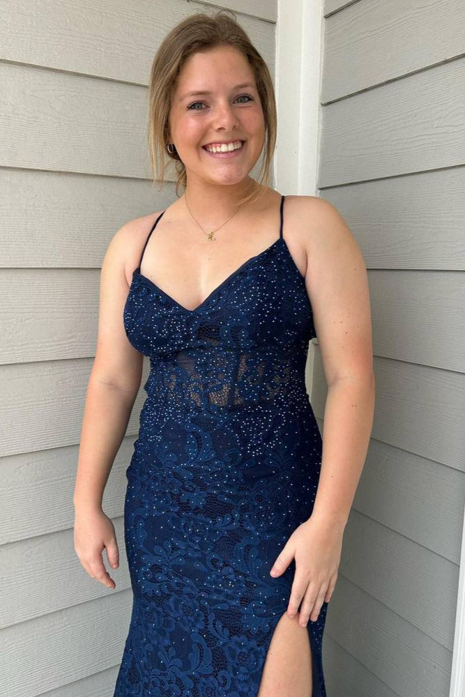 Royal Blue Mermaid Plunging V Straps Lace Long Prom Dress with Slit