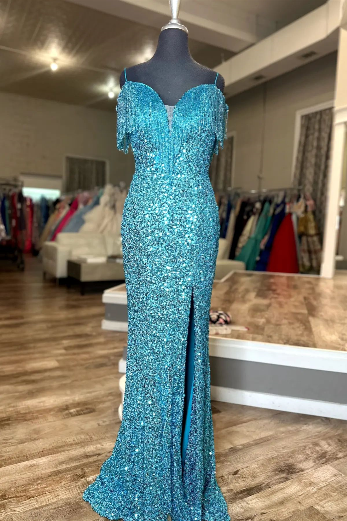 Ink Blue Sequins Tassels Cold Shouolder Long Prom Dress with Slit