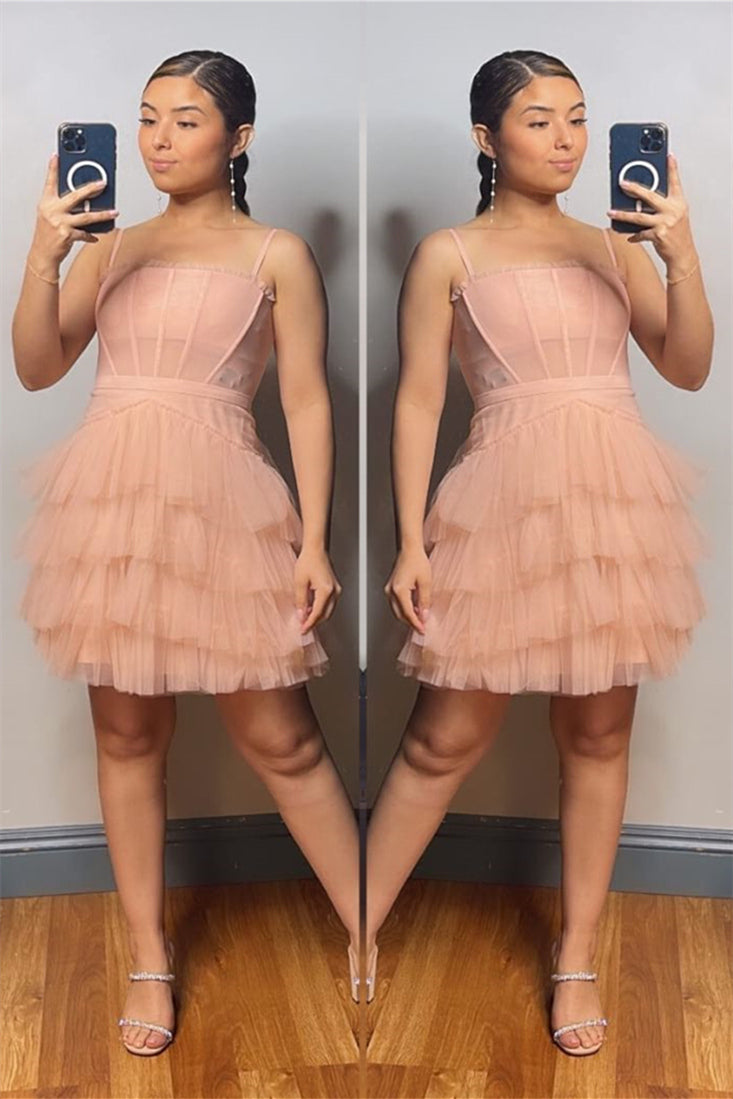 Cute Blush Pink Straps Tiered Tulle Short Party Dress