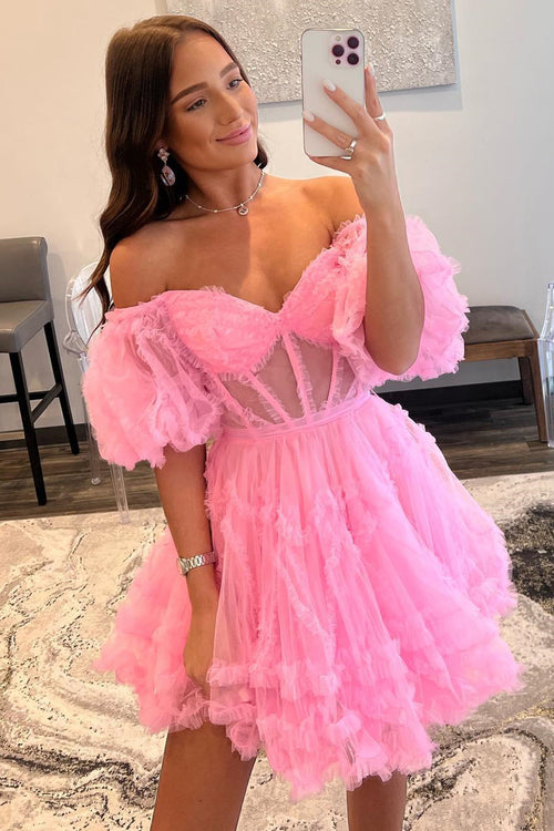 Off the Shoulder Pink Ruffles Tulle Homecoming Dress