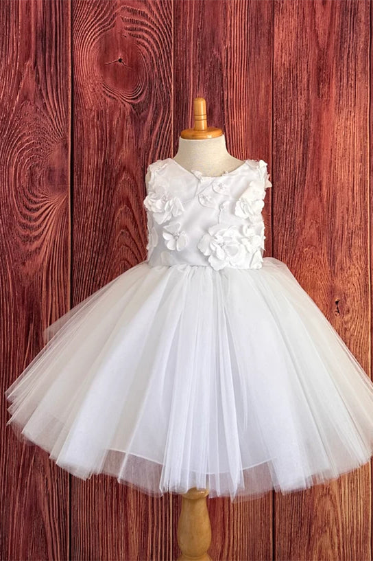 Cute White A-Line Flower Girl Dress with Flowers