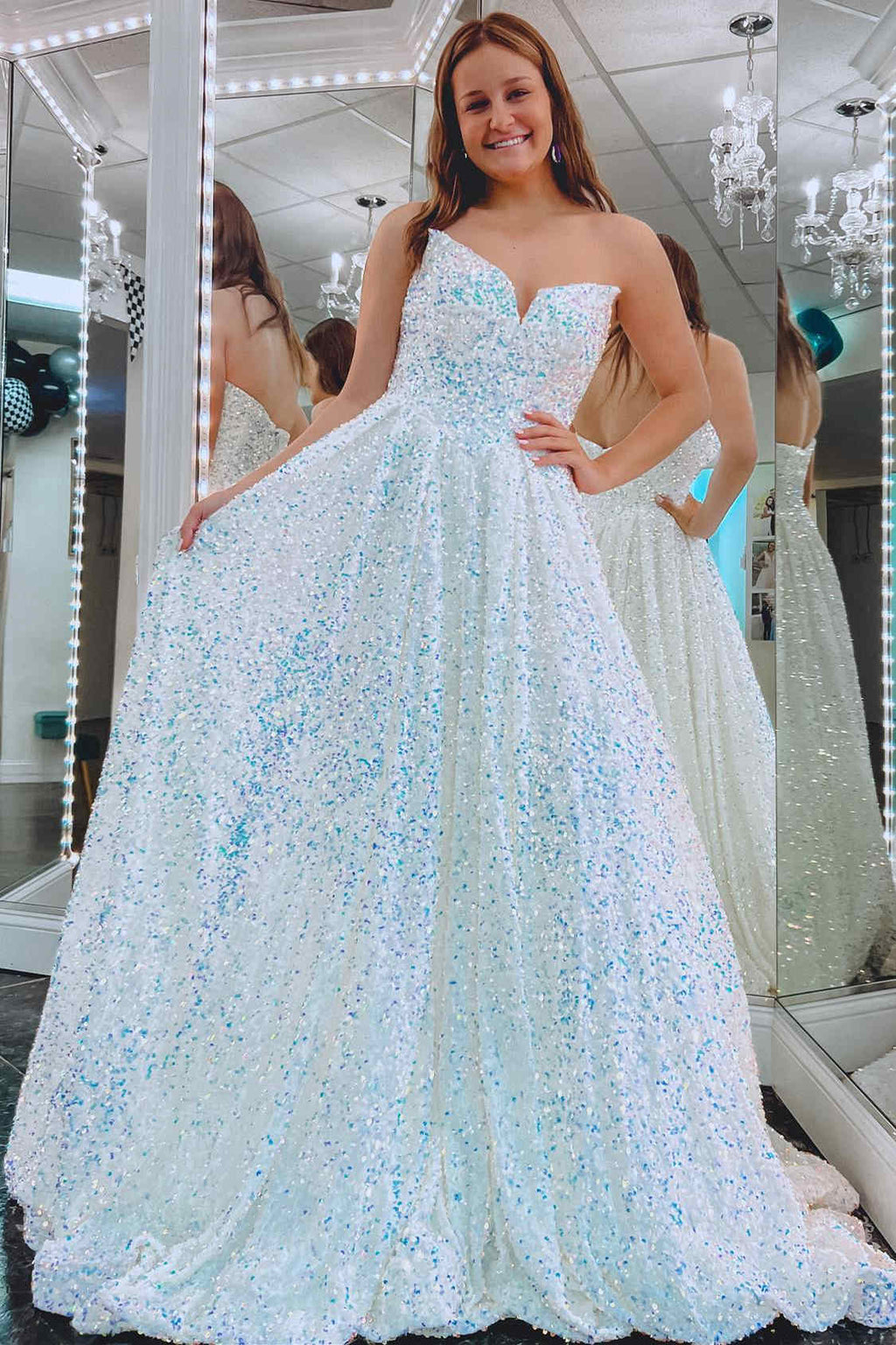 long white prom dress with iridescent sequins Strapless Iridescent White Sequin A-Line Long Prom Dress