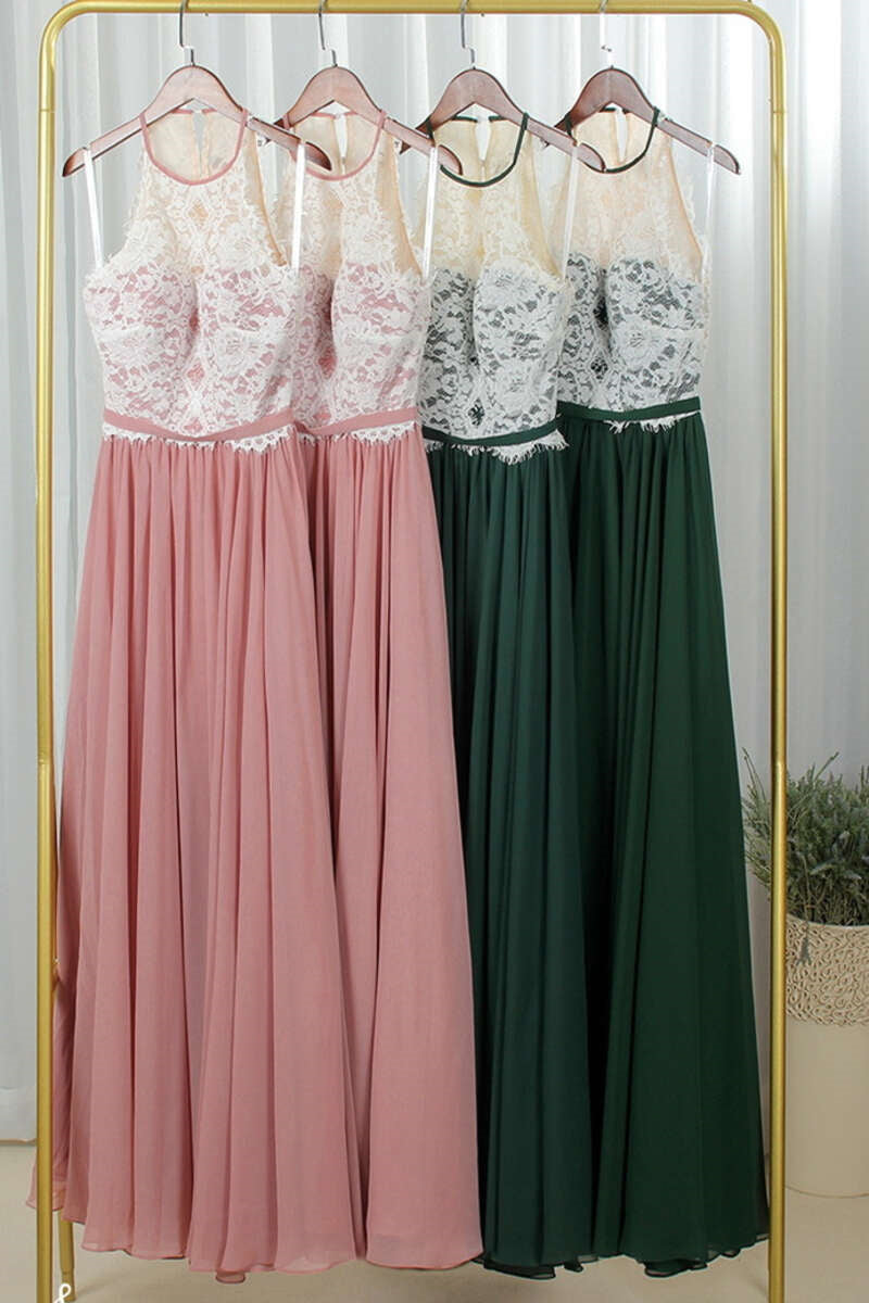 Blush Pink Crew Neck Lace Top A-Line Bridesmaid Dress