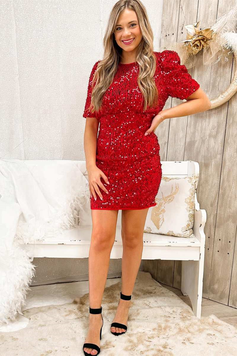 Short Crew Neck Sequins Bodycon Homecoming Dress with Puff Sleeves