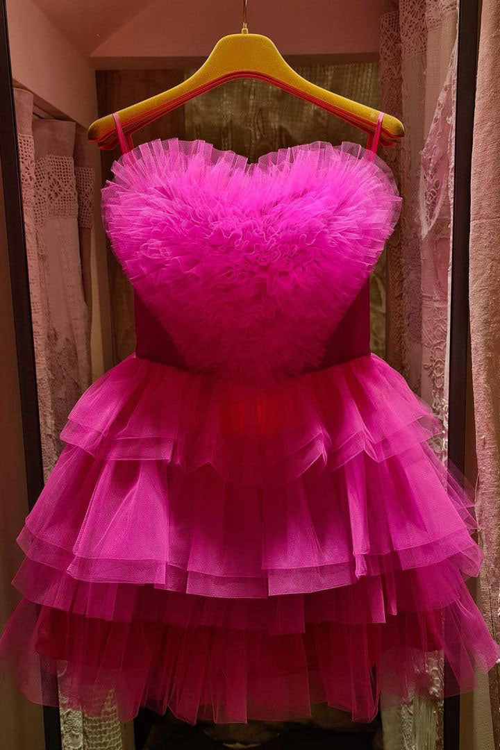 Sweetheart Hot Pink Ruffle Layered Short Homecoming Dress