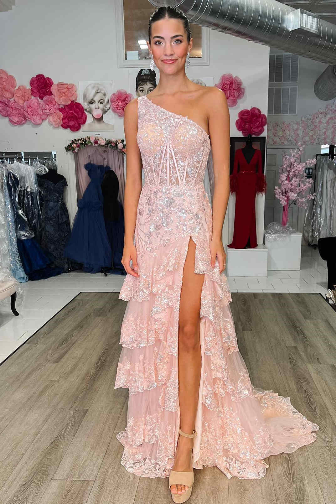 One Shoulder Pink Corset Sequin Tiered Long Formal Dress – FancyVestido