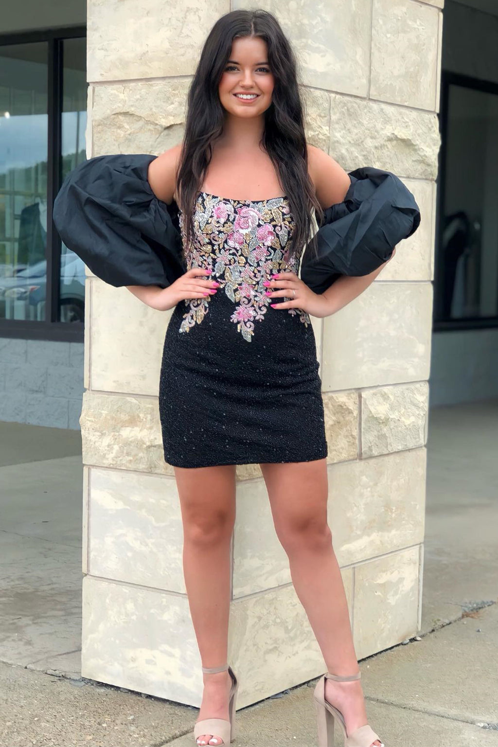 Sparkly Black Strapless Beaded Appliques Homecoming Dress