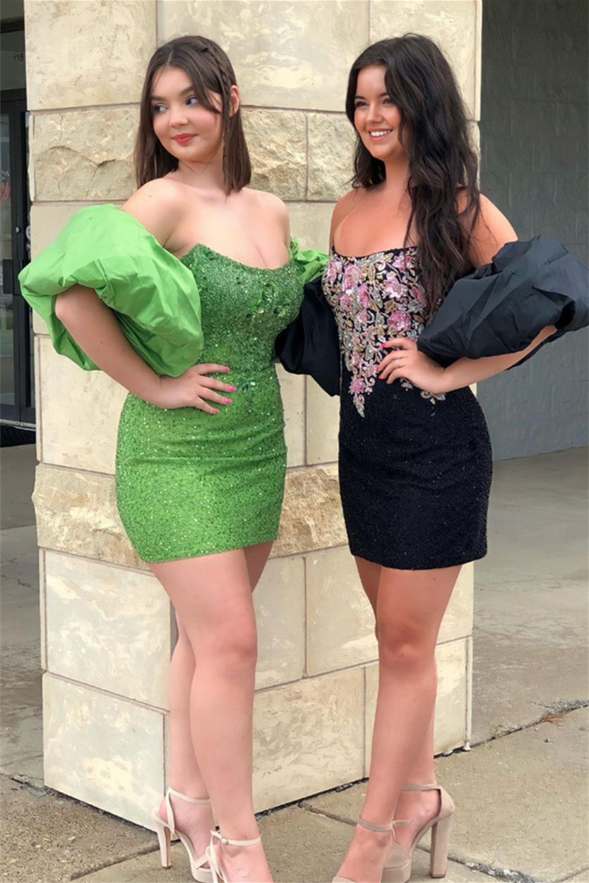 Green & Black Strapless Appliques Beaded Homecoming Dress with Detachable Sleeves