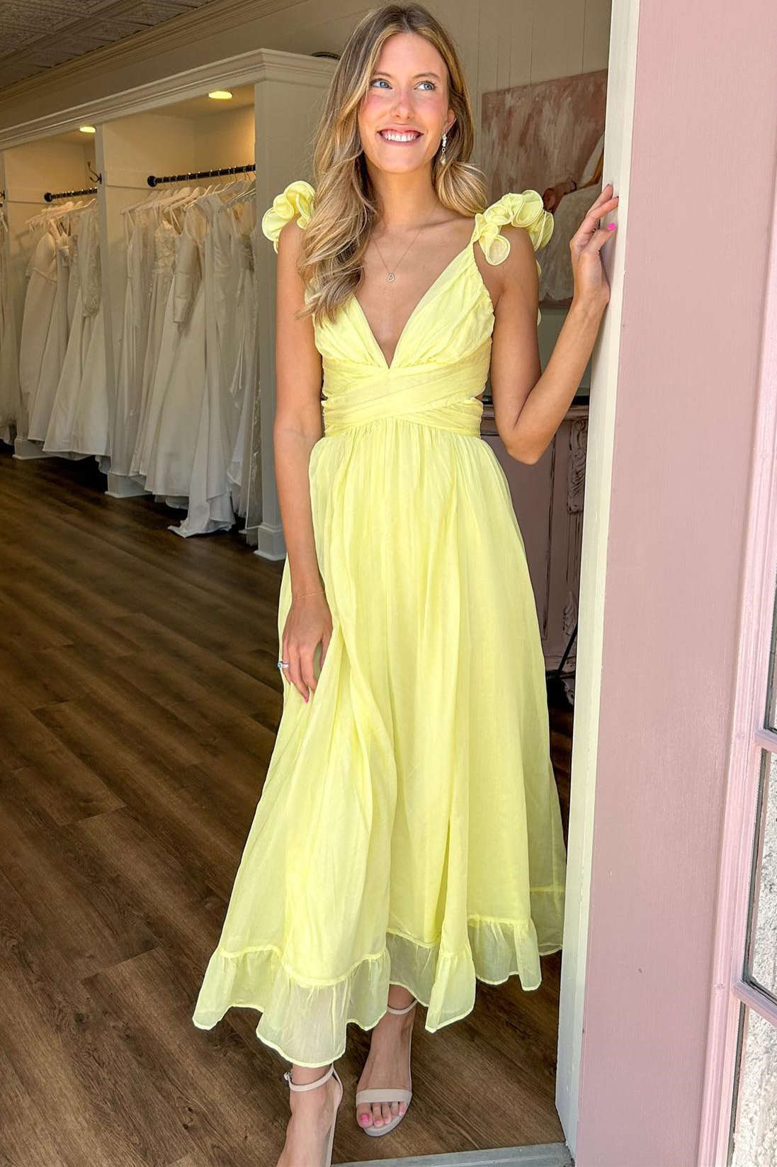 Lace-Up Yellow Plunging V-Neck A-Line Prom Dress