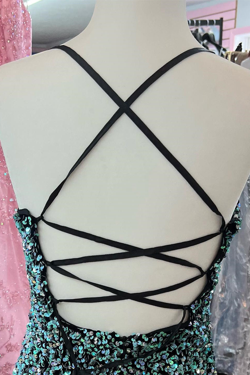 Hunter Green Plunging V Neck Sequins Lace-Up Sheath Homecoming Dress