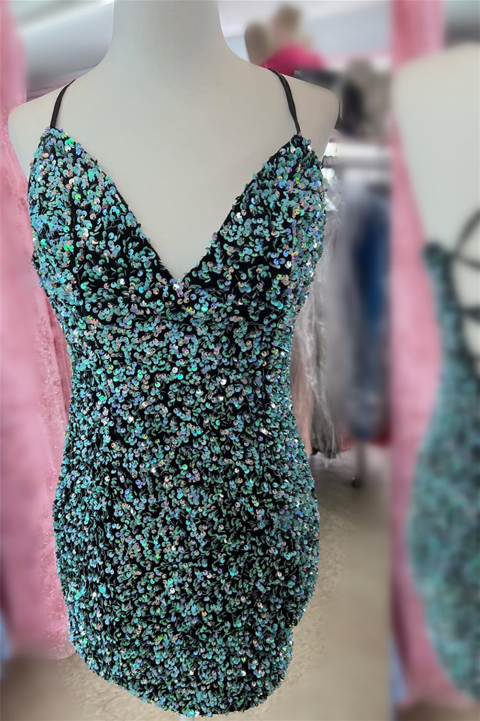 Hunter Green Plunging V Neck Sequins Lace-Up Sheath Homecoming Dress