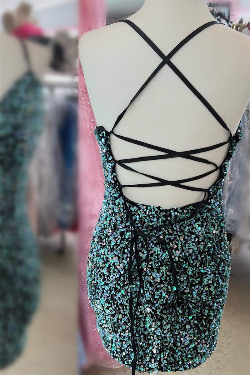 Hunter Green Plunging V Neck Sequins Lace-Up Sheath Homecoming Dress