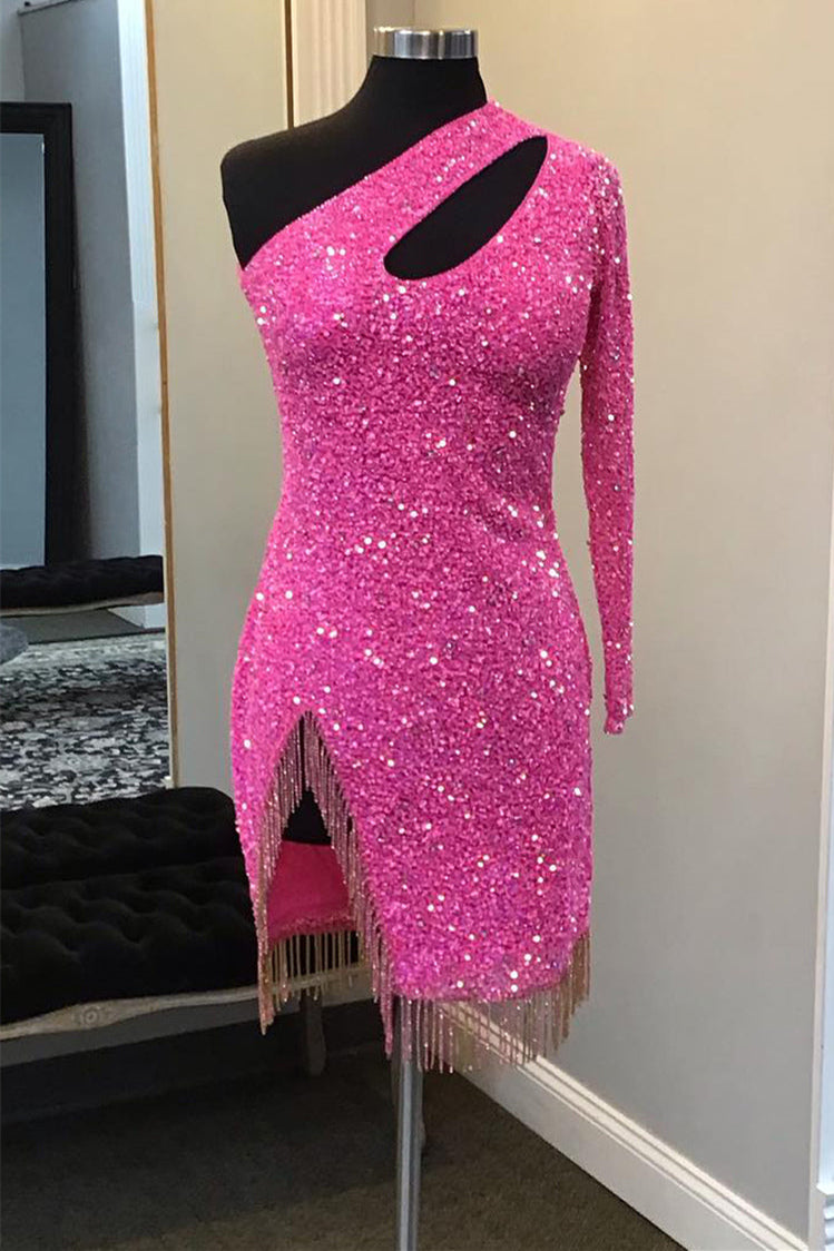 Hot Pink One Shoulder Cutout Long Sleeve Short homecoming Dress with Tassel