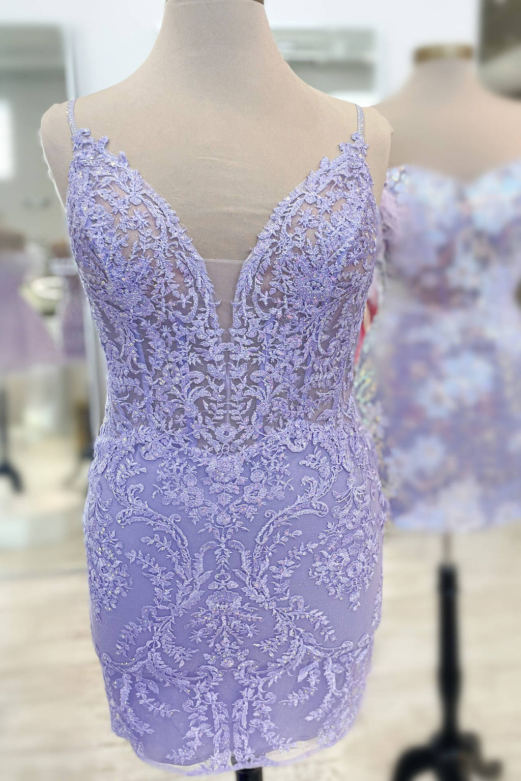 Plunging Neck Lavender Embroidery Bodycon Homecoming Dress FancyVestido Plunging Neck Lavender Embroidery Bodycon Homecoming Dress FancyVestido