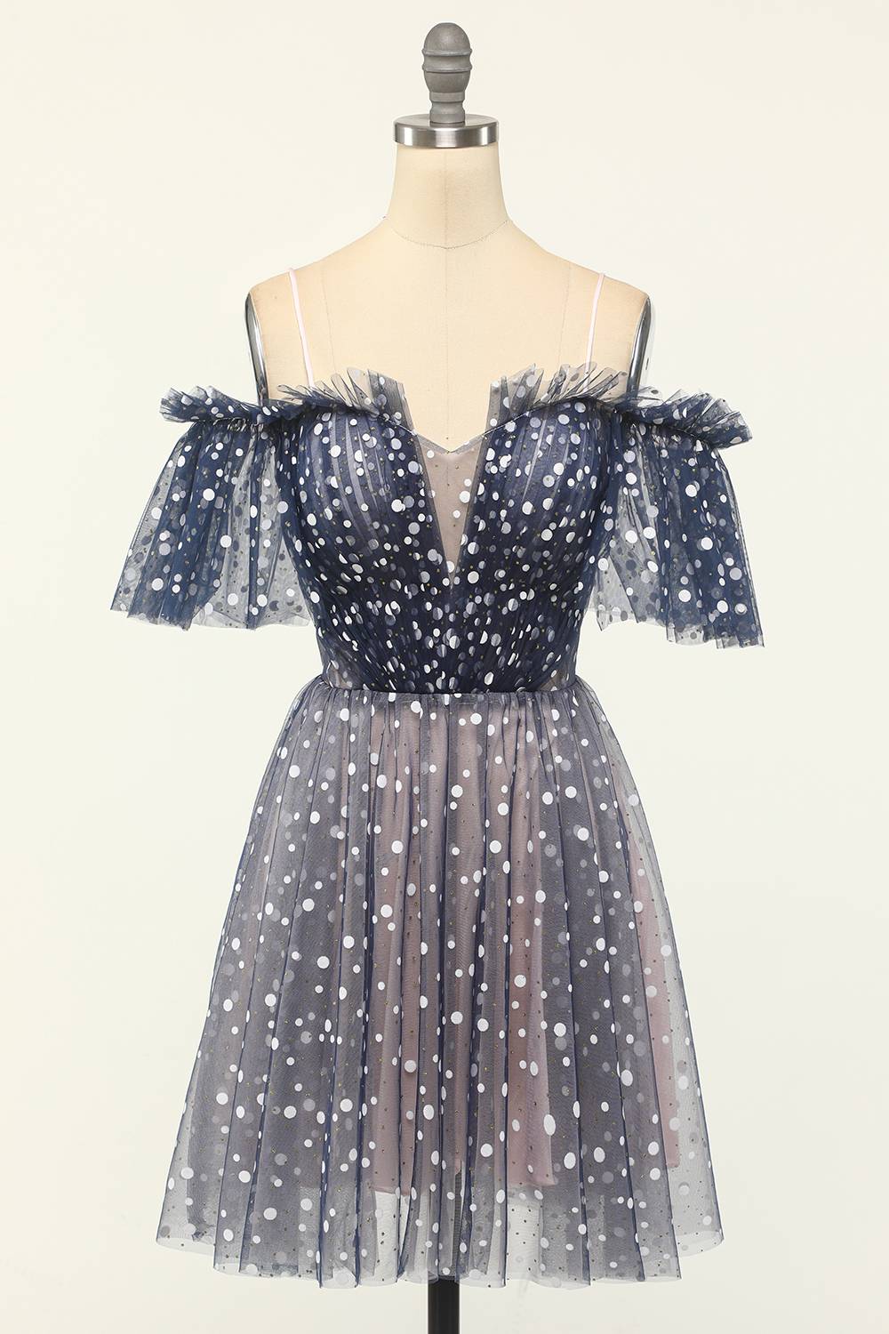 Off the Shoulder Navy Blue Polka Dots Tulle Homecoming Dress