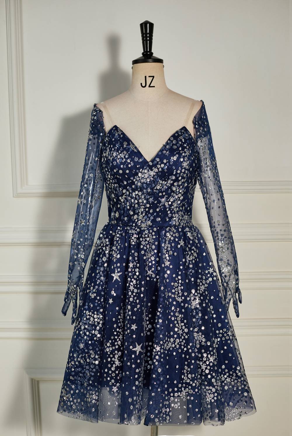 Strapless Navy Blue Sequin Homecoming Dress with Long Gloves