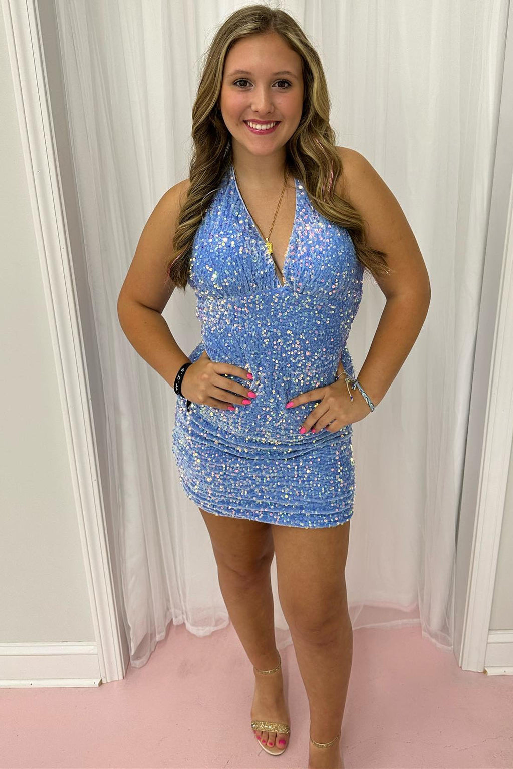 Halter Light Blue Sequin Bodycon Homecoming Dress FancyVestido Halter Light Blue Sequin Bodycon Homecoming Dress FancyVestido