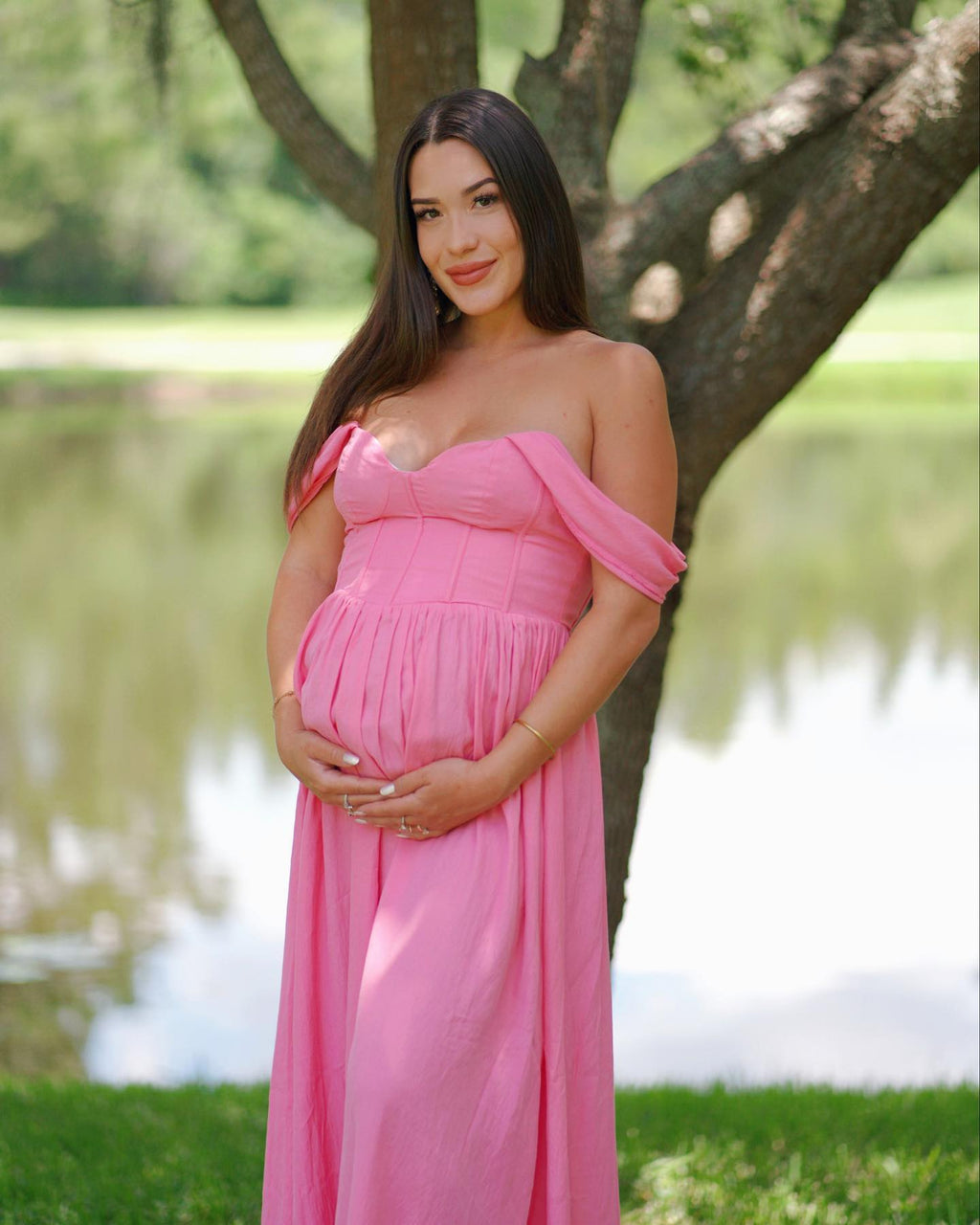 Off the Shoulder Pink Floor Length Pregnant Bridesmaid Dress – FancyVestido