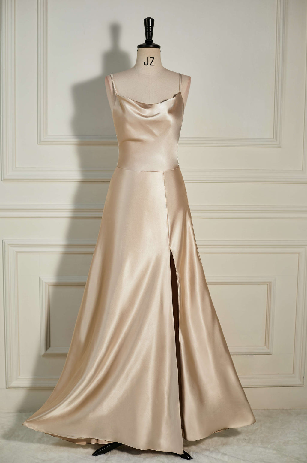 Cowl Neck Champagne A-Line Long Bridesmaid Dress with Slit FancyVestido Cowl Neck Champagne A-Line Long Bridesmaid Dress with Slit FancyVestido