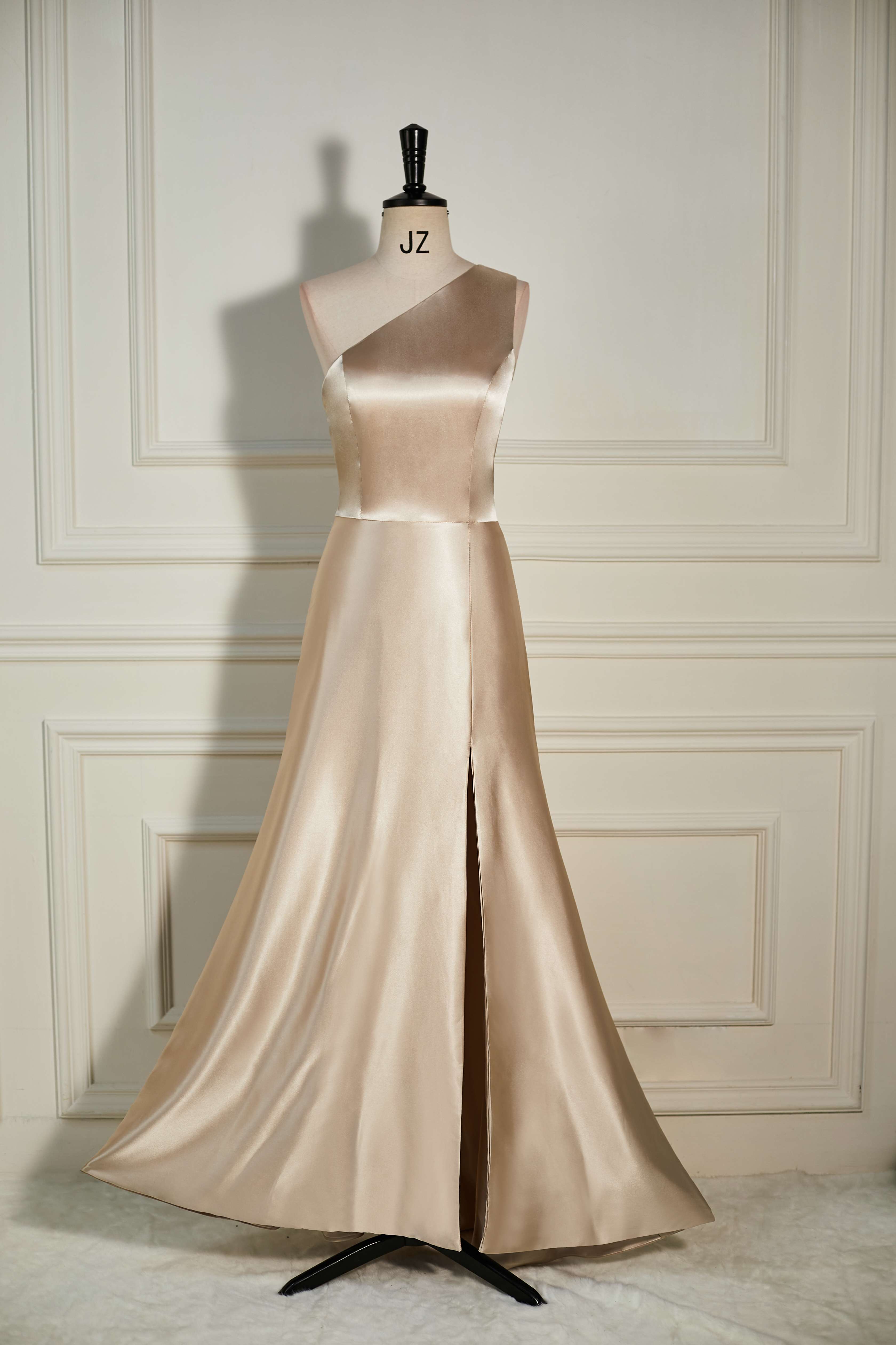 A-Line One Shoulder Champagne Slit Long Bridesmaid Dress – FancyVestido