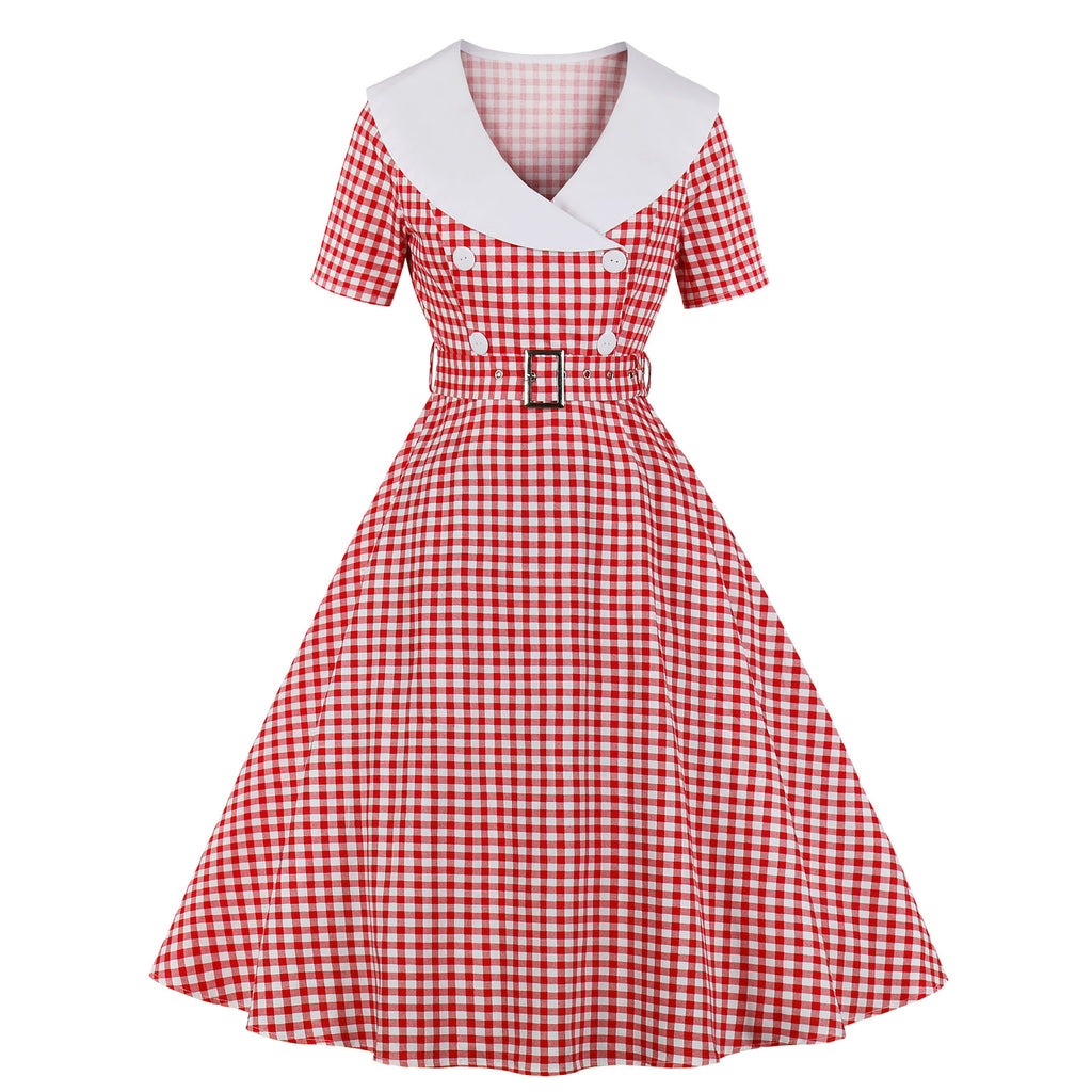 Red Plaid V-Neck 1950s Dress With Short Sleeves – FancyVestido